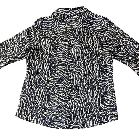 Foxcroft No-Iron Shirt Women's 14 Blue Black White Print Long Sleeve Used - Picture 11 of 12